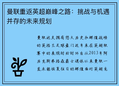曼联重返英超巅峰之路：挑战与机遇并存的未来规划